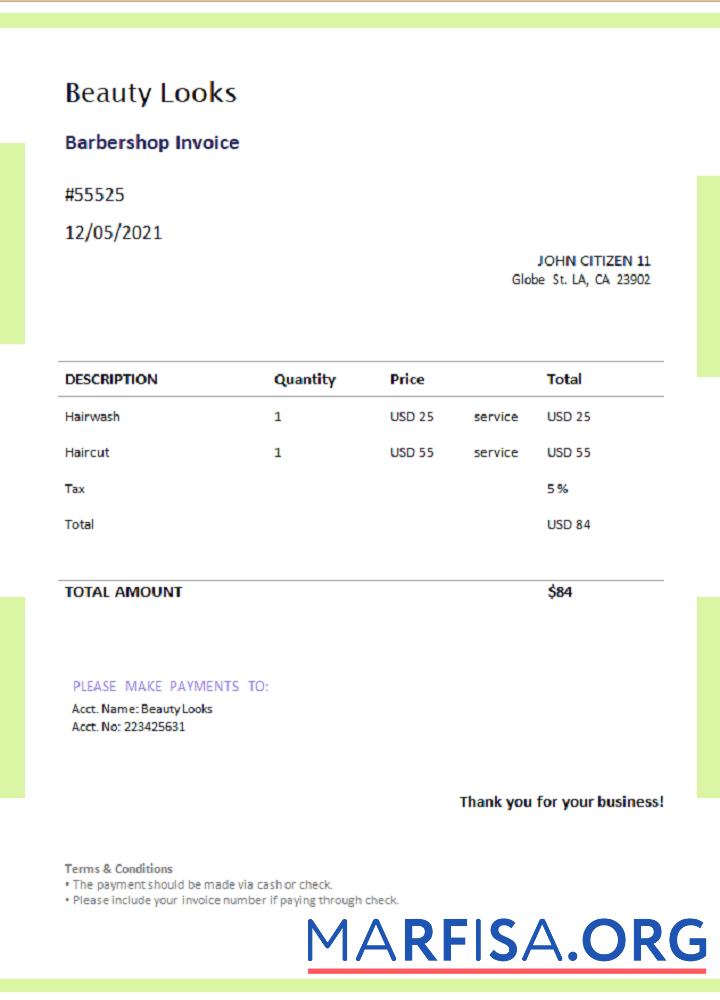 Realistic USA Beauty Looks invoice example